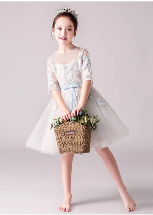 Elbow Sleeves Beaded Lace Tulle Flower Girl Dress